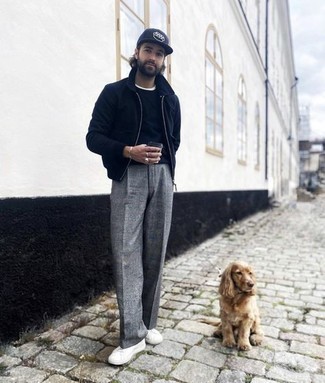 С чем носить темно-синюю шерстяную куртку харрингтон