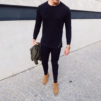 Какие ботинки челси носить с оливковым бомбером мужчине