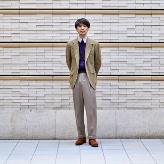 С чем носить оливковый шерстяной пиджак в клетку мужчине