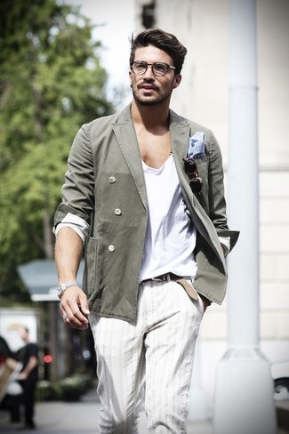 С чем носить оливковый хлопковый двубортный пиджак мужчине