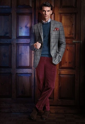 Какие пиджаки носить с оливковым свитером с круглым вырезом мужчине