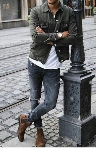 С чем носить оливковую джинсовую куртку мужчине