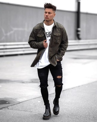 С чем носить оливковую джинсовую рубашку мужчине