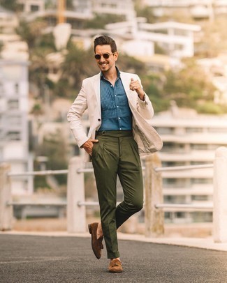 С чем носить оливковые классические брюки мужчине