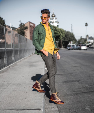 Какие ботинки броги носить с оливковыми джинсами