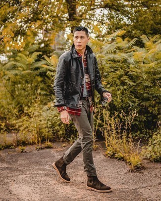 Какие куртки-рубашки носить с оливковыми джинсами мужчине