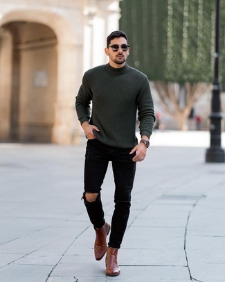 С чем носить оливковую вязаную водолазку мужчине