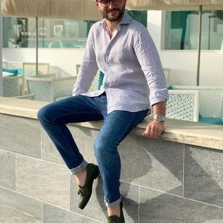 С чем носить оливковые кожаные лоферы мужчине