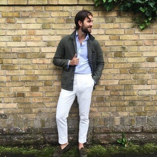 Какие брюки чинос носить с оливковыми лоферами