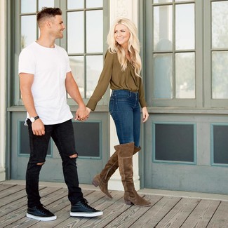 С чем носить оливковую блузку с длинным рукавом