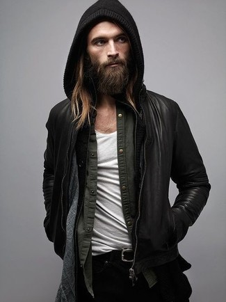 Какие бомберы носить с оливковой рубашкой с длинным рукавом мужчине