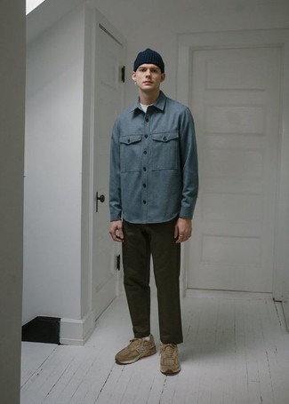 С чем носить оливковую рубашку с длинным рукавом мужчине