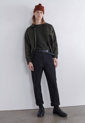 С чем носить оливковую рубашку с длинным рукавом мужчине