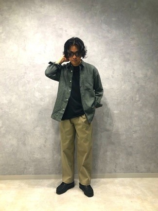 С чем носить оливковую рубашку с длинным рукавом мужчине