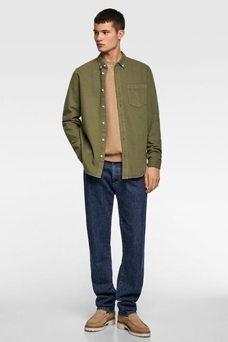 Какие свитшоты носить с оливковой рубашкой с длинным рукавом мужчине