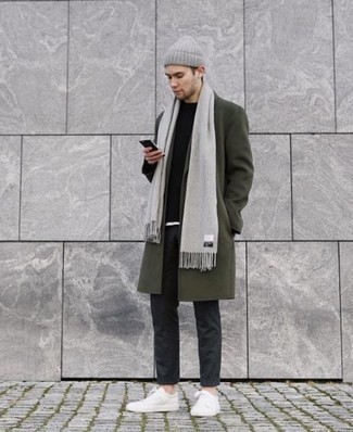 С чем носить оливковое длинное пальто