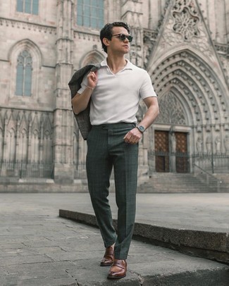 С чем носить оливковые классические брюки в шотландскую клетку мужчине