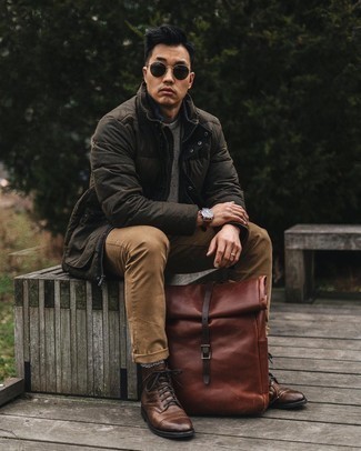 С чем носить оливковую стеганую полевую куртку