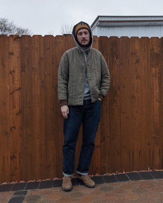 С чем носить оливковую стеганую куртку мужчине