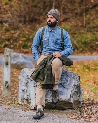 Какие джинсовые рубашки носить с оливковой курткой-рубашкой мужчине