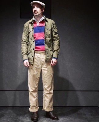 С чем носить оливковую куртку-рубашку мужчине