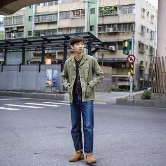 С чем носить оливковую куртку-рубашку мужчине