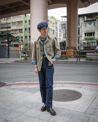 С чем носить оливковую куртку-рубашку мужчине