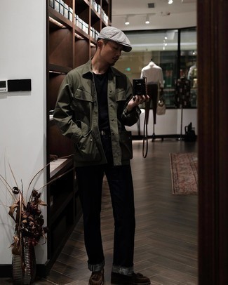 Какие лоферы носить с оливковой курткой-рубашкой мужчине