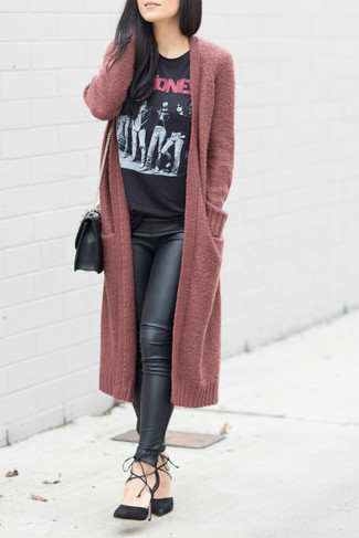 Как носить открытый кардиган с леггинсами