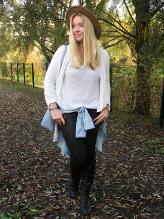 Как носить ботфорты с открытым кардиганом