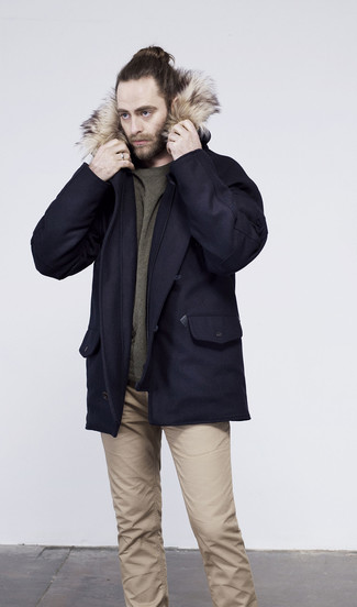 Как носить парку с свитером с круглым вырезом мужчине