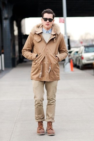 Как носить парку с свитером с круглым вырезом мужчине