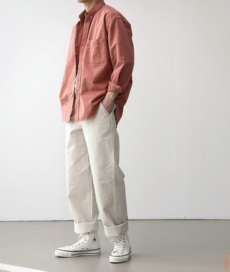 С чем носить розовую рубашку с длинным рукавом мужчине