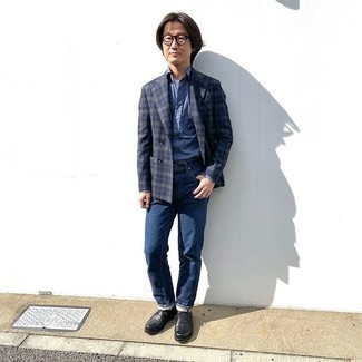 С чем носить шерстяной двубортный пиджак в шотландскую клетку мужчине