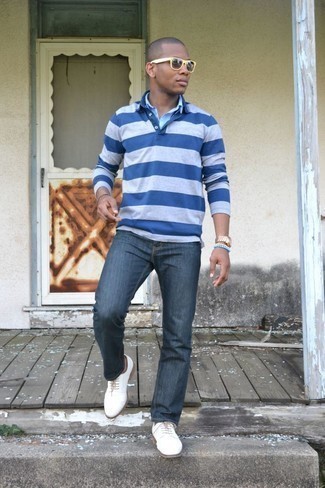 Как носить свитер с воротником поло с джинсами мужчине