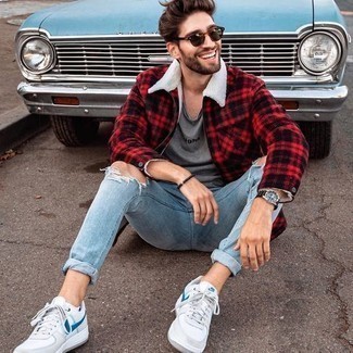 С чем носить красно-черную куртку харрингтон в клетку