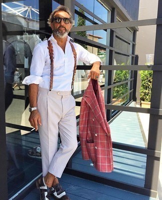 С чем носить красно-белый двубортный пиджак мужчине