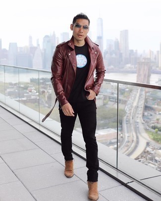 Какие ботинки челси носить с красной косухой мужчине