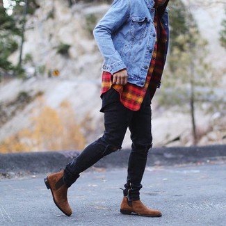 С чем носить красную рубашку с длинным рукавом в клетку мужчине