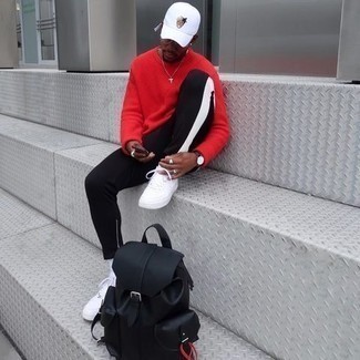 Какие брюки чинос носить с красным свитером с круглым вырезом