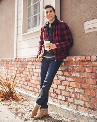 Какие джинсы носить с красной курткой харрингтон