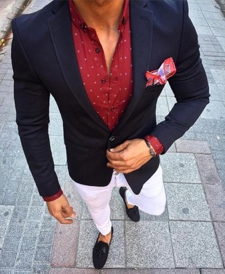 С чем носить красную рубашку с длинным рукавом в горошек мужчине