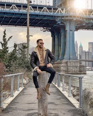 Как носить короткую дубленку с вязаным свитером мужчине