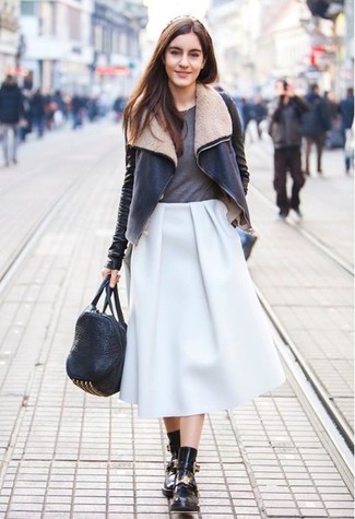 Как носить короткую дубленку с юбкой-миди