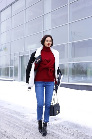 Как носить короткую дубленку с водолазкой женщине