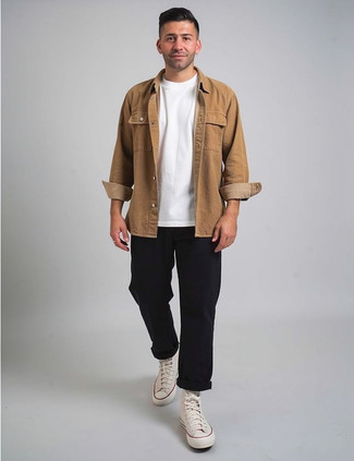 Как носить куртку-рубашку с брюками чинос