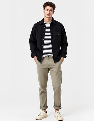 Как носить куртку-рубашку с низкими кедами мужчине