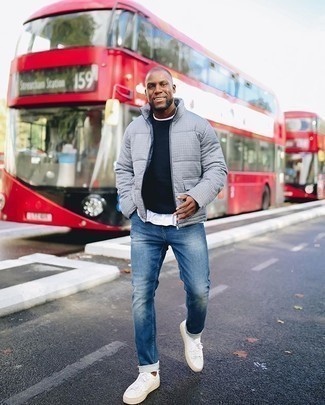 С чем носить серебряную куртку-пуховик мужчине