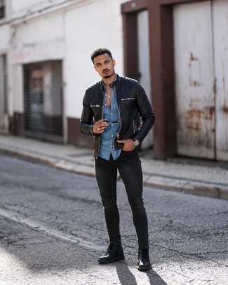 Как носить зауженные джинсы с бомбером мужчине