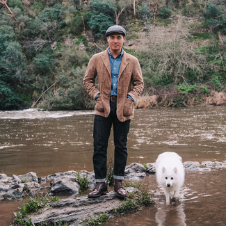 Как носить светло-коричневый пиджак с черными джинсами мужчине